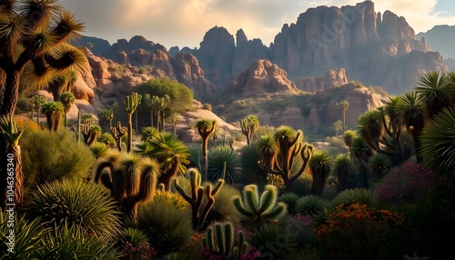 Breathtaking, High Fantasy, Desert Forest, Vibrant Flora, Golden Hour, Studio Lighting, Highly Detailed, Dramatic Depth of Field, Light and Shadow, Meticulously Rendered, Stunning Perfection