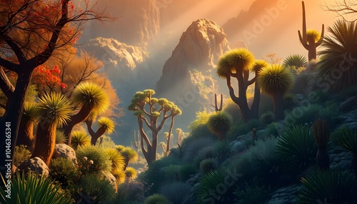 Breathtaking, High Fantasy, Desert Forest, Vibrant Flora, Golden Hour, Studio Lighting, Highly Detailed, Dramatic Depth of Field, Light and Shadow, Meticulously Rendered, Stunning Perfection