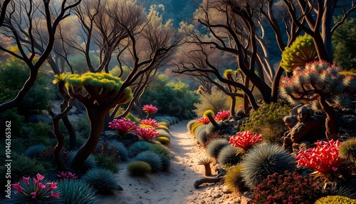 Breathtaking, High Fantasy, Desert Forest, Vibrant Flora, Golden Hour, Studio Lighting, Highly Detailed, Dramatic Depth of Field, Light and Shadow, Meticulously Rendered, Stunning Perfection