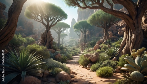 Breathtaking, High Fantasy, Desert Forest, Vibrant Flora, Golden Hour, Studio Lighting, Highly Detailed, Dramatic Depth of Field, Light and Shadow, Meticulously Rendered, Stunning Perfection
