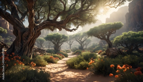 Breathtaking, High Fantasy, Desert Forest, Vibrant Flora, Golden Hour, Studio Lighting, Highly Detailed, Dramatic Depth of Field, Light and Shadow, Meticulously Rendered, Stunning Perfection