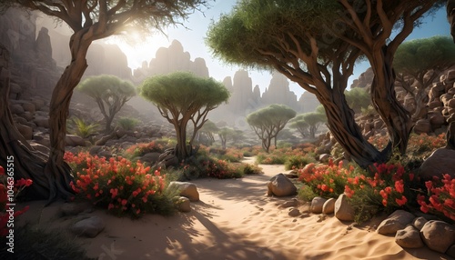 Breathtaking, High Fantasy, Desert Forest, Vibrant Flora, Golden Hour, Studio Lighting, Highly Detailed, Dramatic Depth of Field, Light and Shadow, Meticulously Rendered, Stunning Perfection