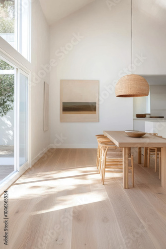 A bright and airy interior featuring minimalist dining area with wooden table and chairs, complemented by large pendant light and serene artwork. natural light enhances warm tones of wood and simplici