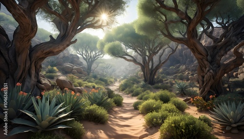 Breathtaking, High Fantasy, Desert Forest, Vibrant Flora, Golden Hour, Studio Lighting, Highly Detailed, Dramatic Depth of Field, Light and Shadow, Meticulously Rendered, Stunning Perfection