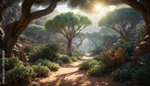 Breathtaking, High Fantasy, Desert Forest, Vibrant Flora, Golden Hour, Studio Lighting, Highly Detailed, Dramatic Depth of Field, Light and Shadow, Meticulously Rendered, Stunning Perfection