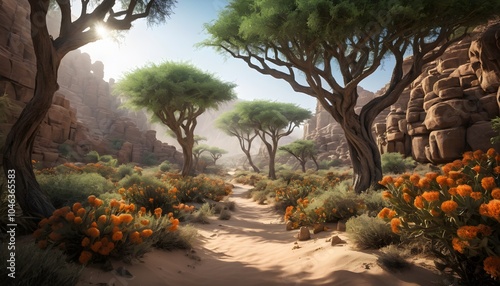 Breathtaking, High Fantasy, Desert Forest, Vibrant Flora, Golden Hour, Studio Lighting, Highly Detailed, Dramatic Depth of Field, Light and Shadow, Meticulously Rendered, Stunning Perfection
