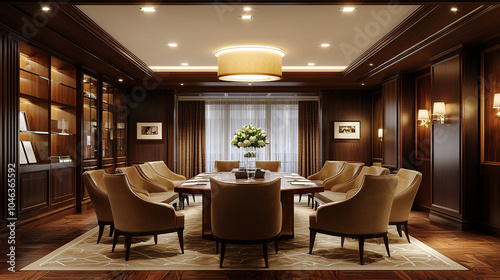 A luxurious meeting space with rich wood finishes
