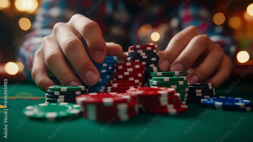 A close-up of hands stacking colorful poker chips on a green table in a gaming environment. A close-up of hands stacking colorful poker chips on a green table in a gaming environment.