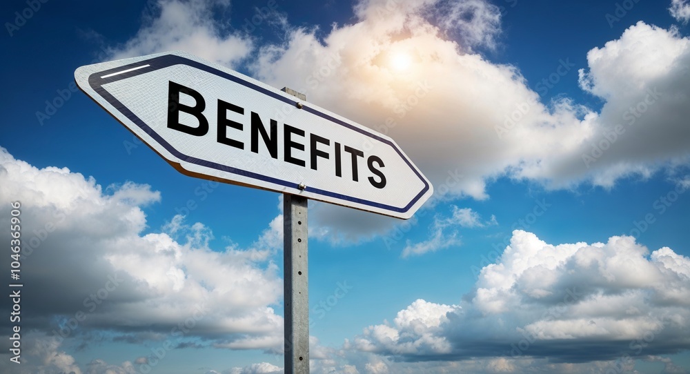 Fototapeta premium benefits text on road sign with clouds and sky background