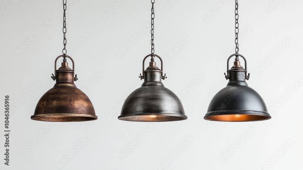 Obraz premium Unique ceiling lamps in industrial, rustic, and modern designs displayed on a smooth white background for visual clarity.