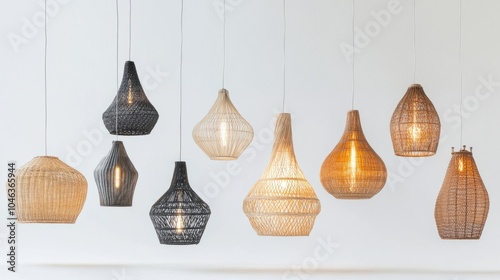 Woven rattan, glass, and metallic pendant lights hang in various shapes, creating an aesthetic display on a simple white background.