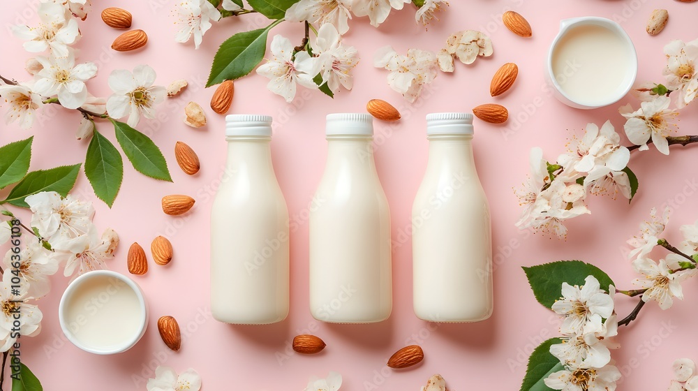 Top view of vibrant bottles of fresh almond milk on pastel pink background, surrounded by scattered almonds and delicate flowers, creating a healthy breakfast theme Top view of vibrant bottles of fresh almond milk on pastel pink background, surrounded by scattered almonds and delicate flowers, creating a healthy breakfast theme