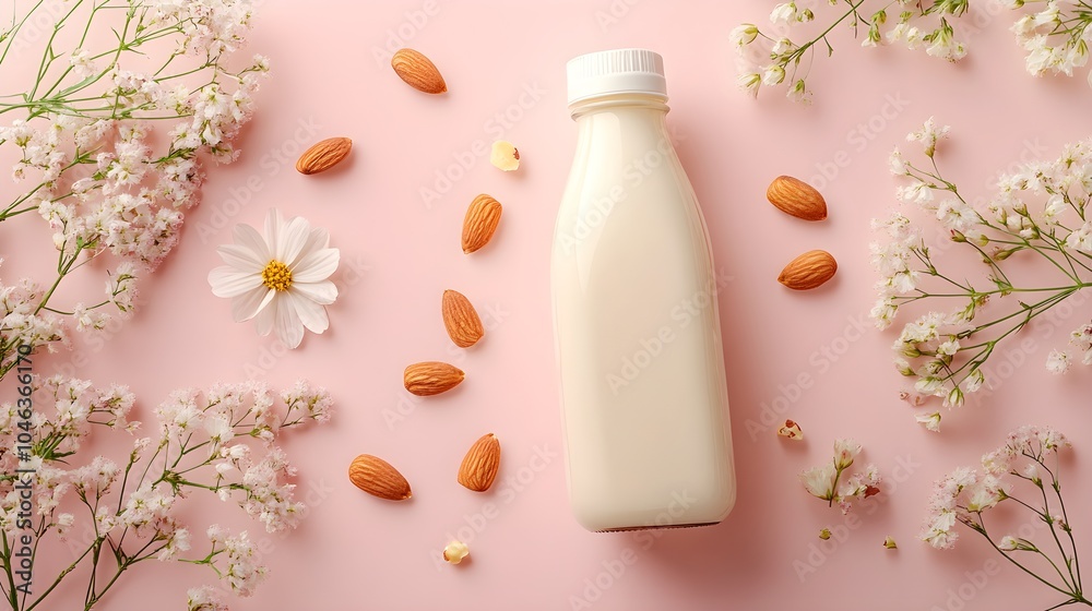 Top-down shot of fresh almond milk bottles, scattered almonds, and flowers on a pastel pink surface, ideal for promoting healthy, dairy-free living, Creative, Bright, Minimalist Design Top-down shot of fresh almond milk bottles, scattered almonds, and flowers on a pastel pink surface, ideal for promoting healthy, dairy-free living, Creative, Bright, Minimalist Design