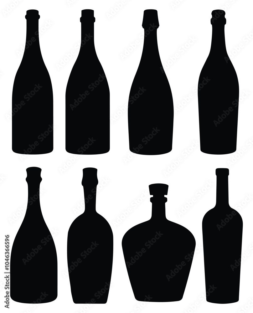 Silhouettes of Various Bottle Shapes. Isolated Vector on White Background. Silhouettes of Various Bottle Shapes. Isolated Vector on White Background.