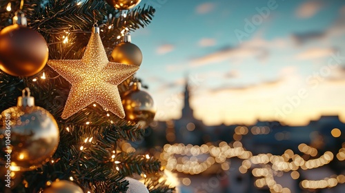 A festive close-up of a holiday tree adorned with a golden star and shimmering ornaments, capturing the joy and elegance of seasonal decorations at twilight.