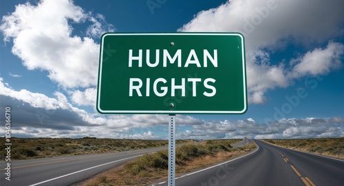 human rights text on road sign with clouds and sky background