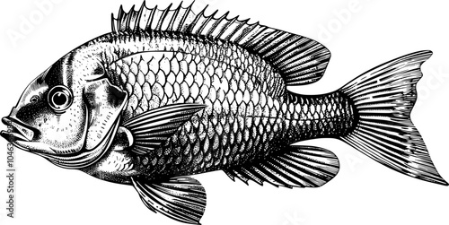 Black and white illustration of a fish with detailed scales and fins. (1)