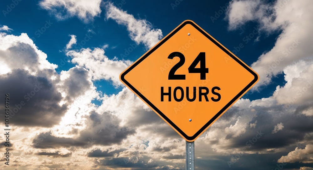 24 hours text on road sign with clouds and sky background 24 hours text on road sign with clouds and sky background