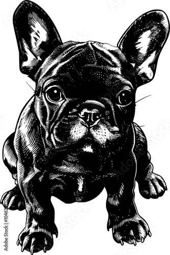 Black and white illustration of a French bulldog's face.