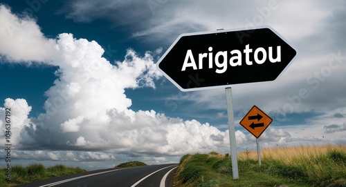 arigatou text on road sign with clouds and sky background photo