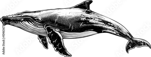 Black and white illustration of a humpback whale.