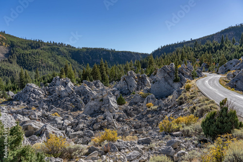 Silver Gate, that formed when travertine from Terrace Mountain collapsed in a landslide. calcium-carbonate rocks. Yellowstone National Park, Wyoming