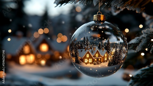 A glittering bauble on a Christmas tree reflects warm, glowing homes in a snowy landscape, capturing the essence of winter serenity and festive cheer.