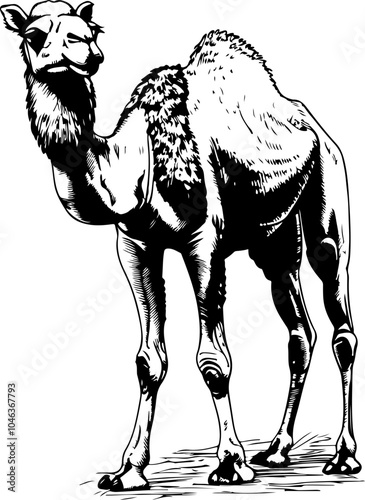 Black and white line art illustration of a camel.