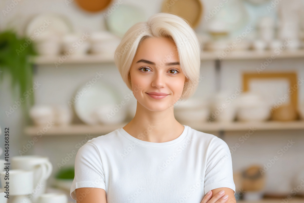 Young woman smiling with crossed arms in pottery workshop. Young ceramist is posing in her workshop, proud of her work.