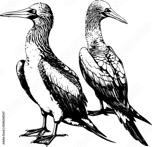 Two detailed black and white illustrations of birds with long necks and beaks.