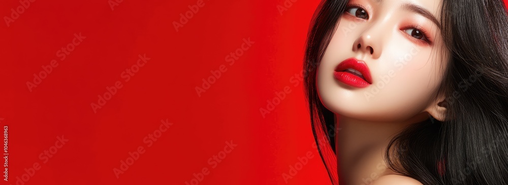 Beautiful Korean female model with long hair, red lips, and a pink background. Ample copy space for text, suitable for banner design. Beautiful Korean female model with long hair, red lips, and a pink background. Ample copy space for text, suitable for banner design.