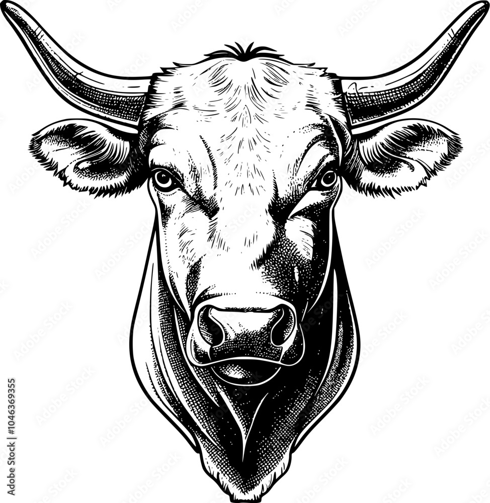 Naklejka premium Close-up black and white illustration of a bull's face with horns.