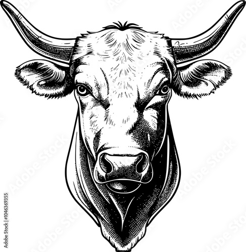 Close-up black and white illustration of a bull's face with horns.