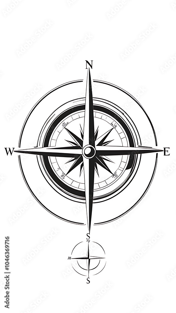 A minimalist compass rose design symbolizing navigation and direction, isolated on a plain white background. A minimalist compass rose design symbolizing navigation and direction, isolated on a plain white background.