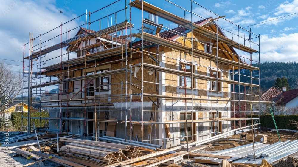 Exterior view of a new house in scaffolding under construction and painting. Exterior view of a new house in scaffolding under construction and painting.