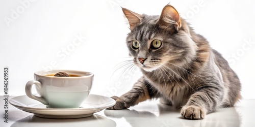 Candid Photography of a Gray Cat Eagerly Eyeing a Cup of Coffee on a White Background – Adorable and Playful Cat Moments Captured in an Isolated Setting