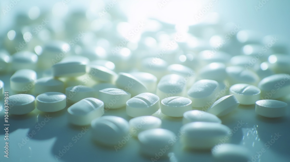 Close-up of allergy pills scattered on a clean white surface, symbolizing medical treatment and recovery, pharmaceutical concept