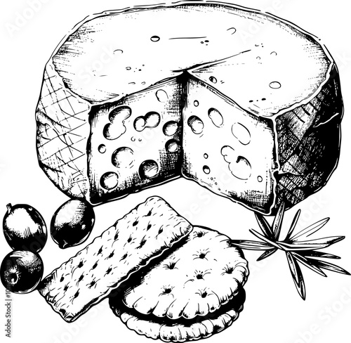 Hand drawn illustration of a wedge of cheese with holes and a cracker.