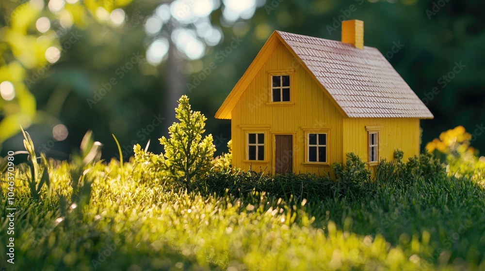 Wooden house model on the grass in garden. Wooden house model on the grass in garden.