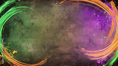 A grunge frame design featuring swirling brush strokes in neon green, purple, and orange, with splattered paint textures around the edges on a textured canvas background.