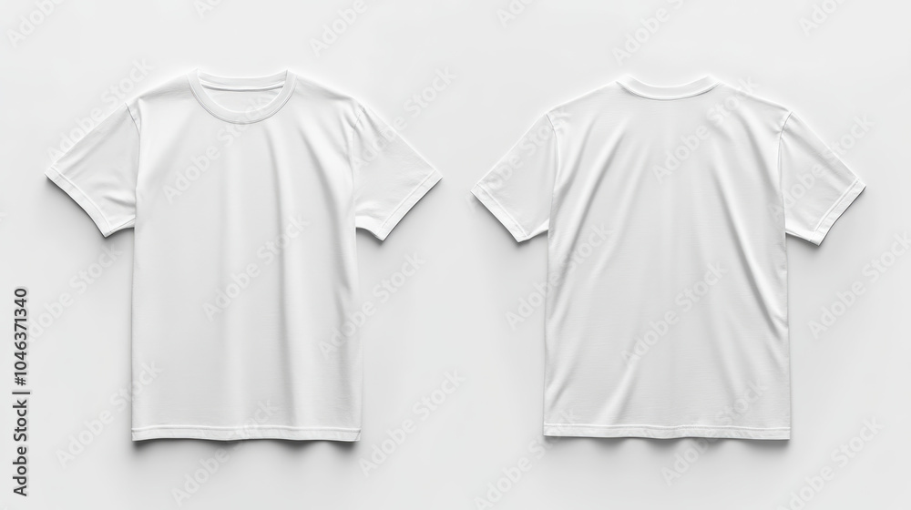 Simple white t-shirt displayed from front and back on a plain background Simple white t-shirt displayed from front and back on a plain background
