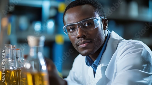 A young scientist in a lab coat analyzes reagents while surrounded by glassware