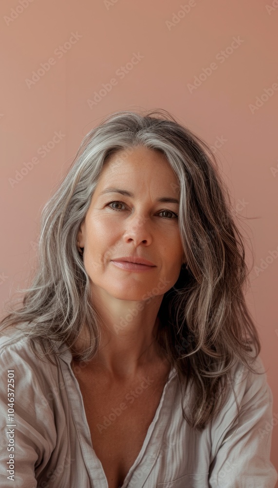 Fototapeta premium Serene Middle-Aged Woman Portrait on Pastel Pink Background for Relaxation Concepts