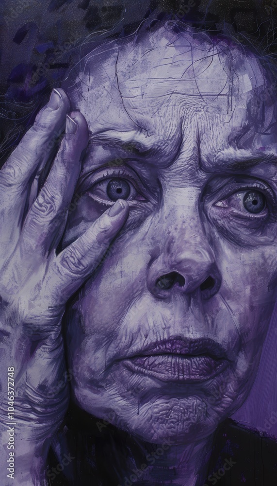 Middle-Aged Woman's Expression of Anxiety on Muted Purple Monochrome Background Middle-Aged Woman's Expression of Anxiety on Muted Purple Monochrome Background
