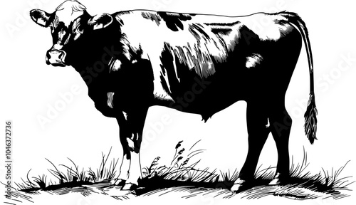 Black and white illustration of a standing cow with a long tail.