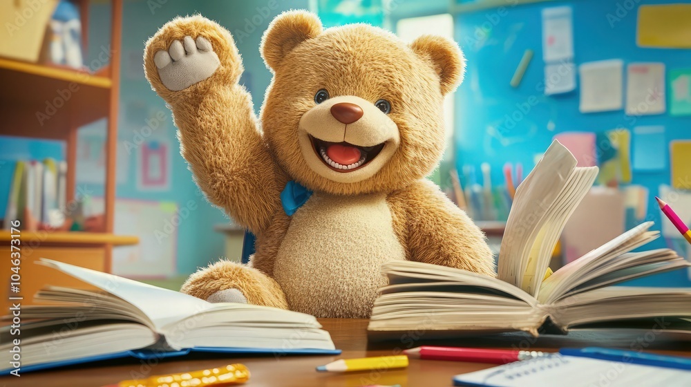 A smiling teddy bear sitting on a school desk, raising its paw confidently, with open books, pencils, and a colorful school setting perfect for back-to-school communication visuals. A smiling teddy bear sitting on a school desk, raising its paw confidently, with open books, pencils, and a colorful school setting perfect for back-to-school communication visuals.