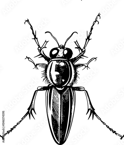 Detailed black and white line drawing of a beetle from above.