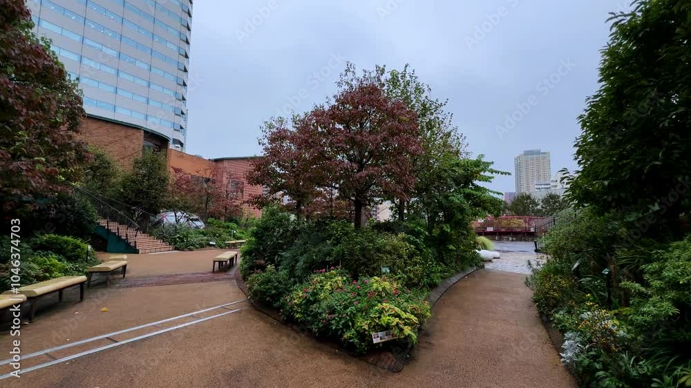 A peaceful garden pathway with benches surrounded by greenery and modern buildings A peaceful garden pathway with benches surrounded by greenery and modern buildings