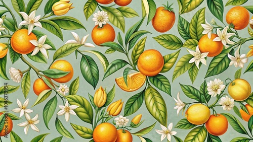 Vintage retro style seamless pattern with citrus and orange blossom motifs