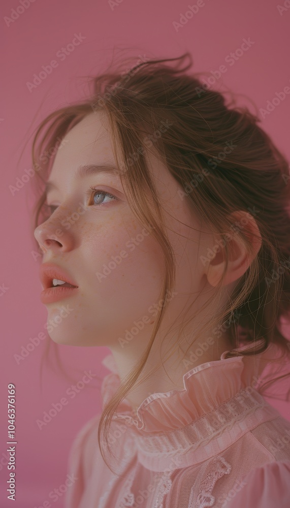 Thoughtful Young Woman on Pastel Pink Background for Introspective Portraits Thoughtful Young Woman on Pastel Pink Background for Introspective Portraits